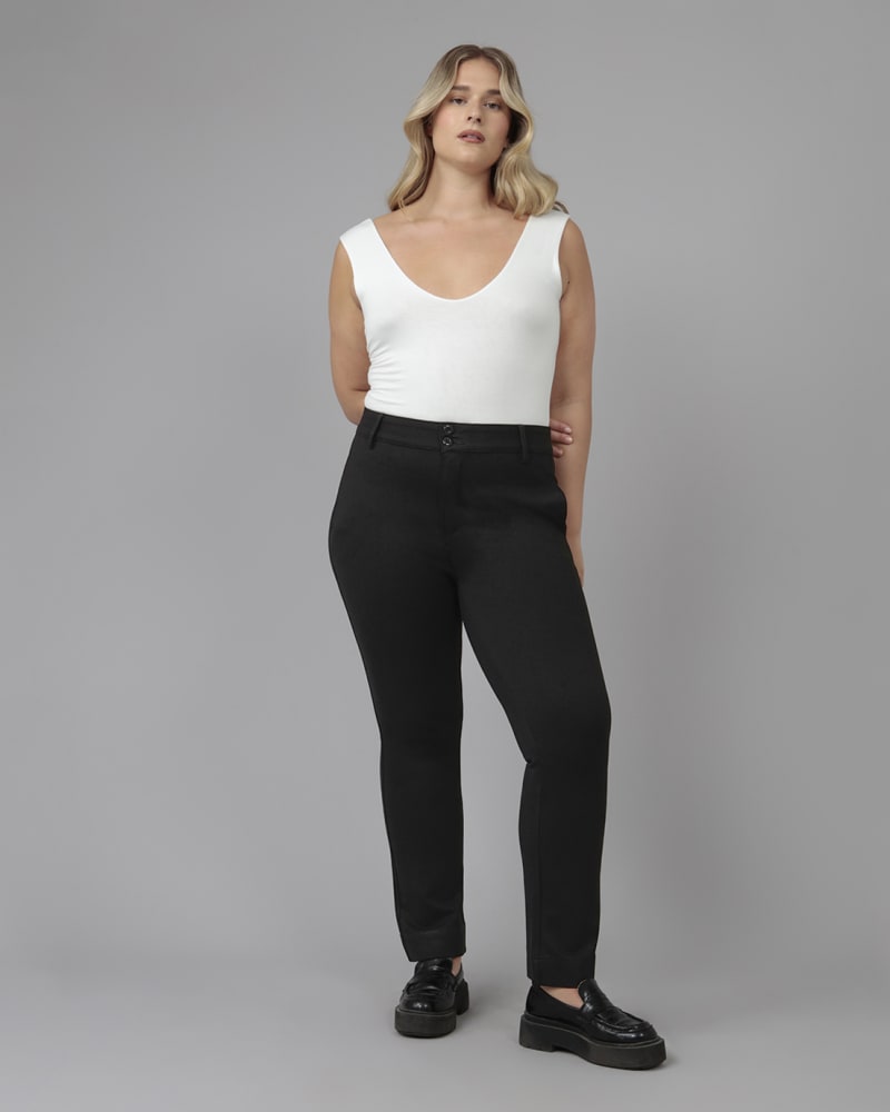 Front of a model wearing a size 3X Women's ELLIOTT-JBLK High Rise Slim Pants in Jersey Black by LOLA JEANS. | dia_product_style_image_id:321907